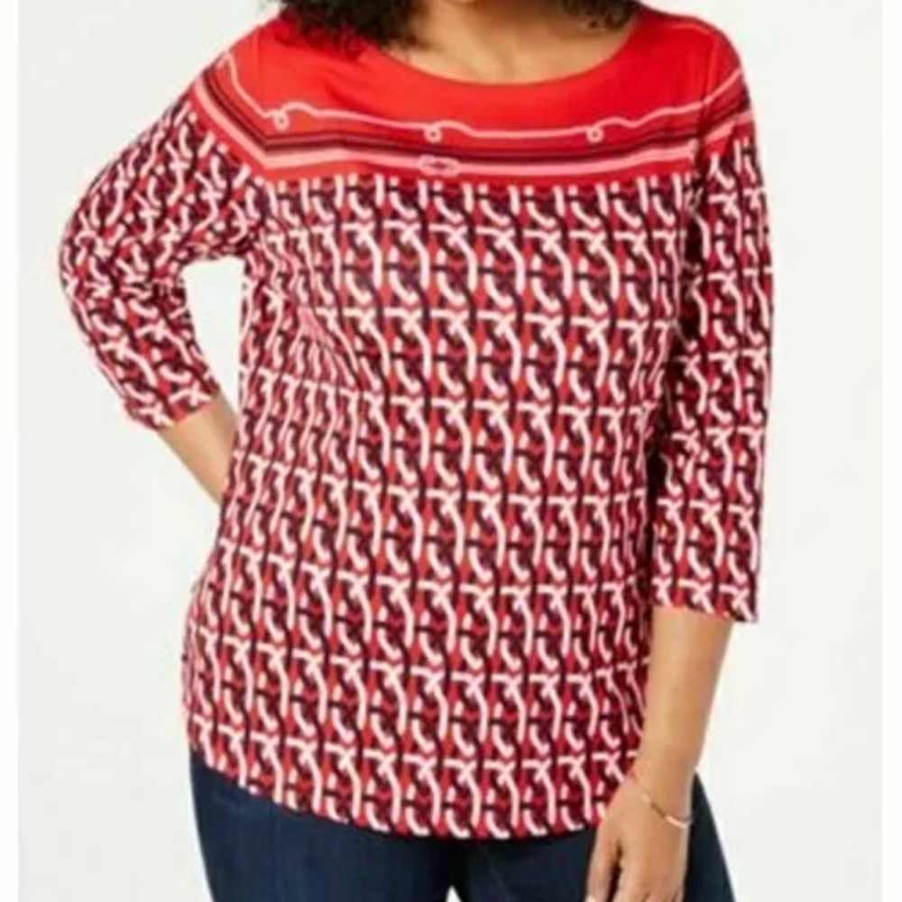 Charter Club Pima Boatneck Red Graphic Top